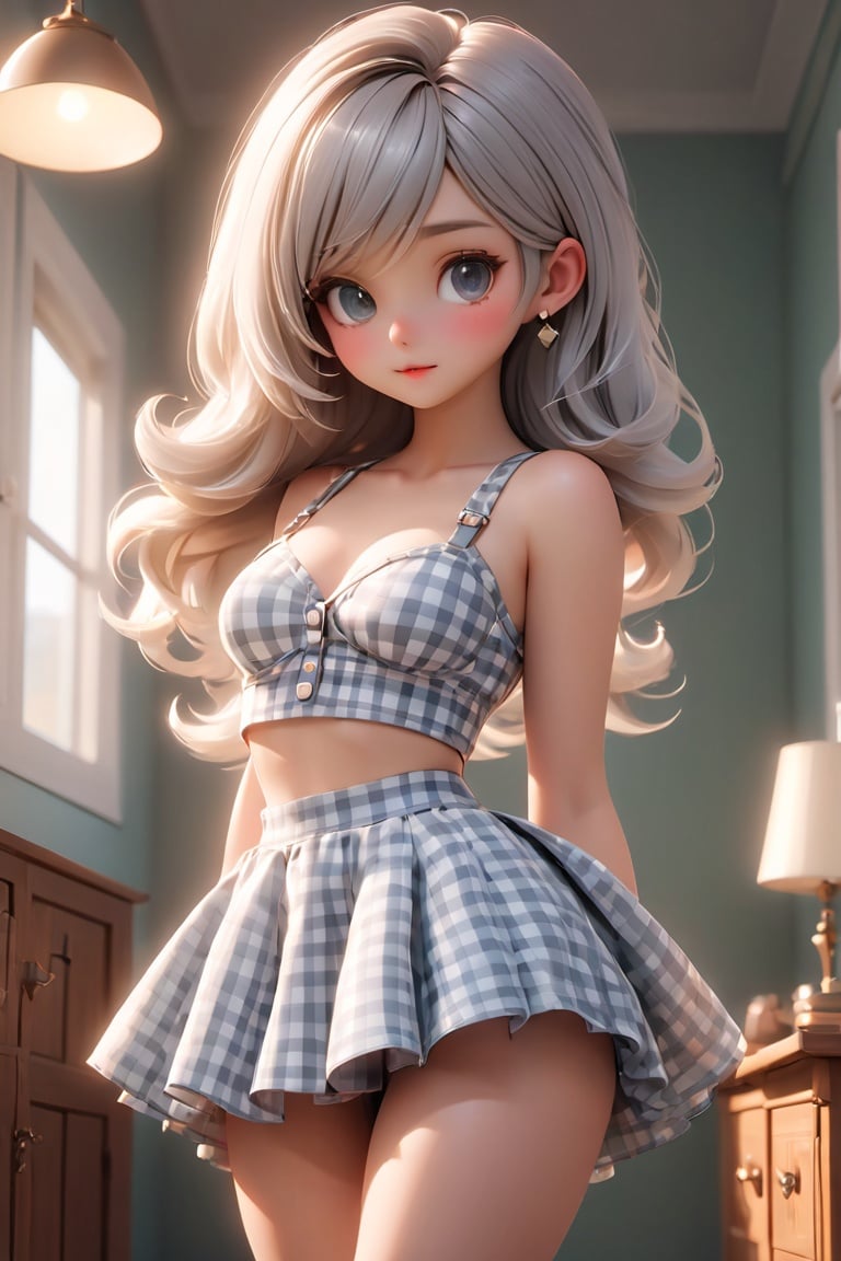 cinematic film still pixar,3d style,toon,masterpiece,best quality,good shine,OC rendering,best quality,4K,super detail,1girl,((full body)),looking at viewer,standing,shiny_skin,fair_skin,Gingham print bralette and matching skirt,light grey hair,gyaru,absolute_territory,tight,spandex,glamor,dormitory,light grey background,clean background,straight_hair,hime cut, . shallow depth of field, vignette, highly detailed, high budget, bokeh, cinemascope, moody, epic, gorgeous, film grain, grainy