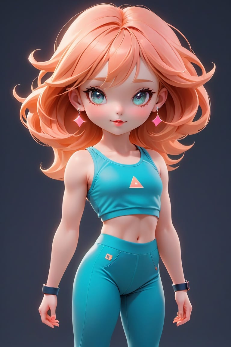 concept art masterpiece,best quality,good shine,3D rendering,OC rendering,best quality,4K,super detail,Super cute girl,Bright Eyes,glossy and delicate,one little girl,1girl,full body,light red hair,blank eyes,navy blue; navyShoes,sorrel socks,turquoise blue Pants,yoga pants and sports bra,Average Height,Athletic,Triangular Face,Fair Skin,Silver Hair,pink Eyes,Wide Nose,Thin Lips,Receding Chin,Shoulder-Length Hair,Coarse Hair,Long Straight Hair,firm breasts,Faux gauge earrings,peach satin lipstick,looking at viewer,solo,standing,grey background,clean background, . digital artwork, illustrative, painterly, matte painting, highly detailed