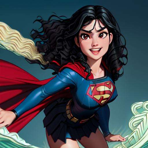 (best quality: 1.2), (masterpiece: 1.2), (realistic: 1.2), best quality, 1girl, beautiful woman as supergirl, she has (wavy black hair: 1.7), superhero, blue bodysuit, red short skirt, red cape, grin, outer space, earth background, (action pose: 1.4), cute big circular reflective eyes, sharp focus, 8k, centered, medium shot, masterpiece