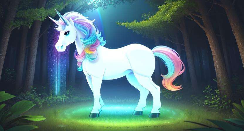 (best quality: 1.2), (masterpiece: 1.2), (realistic: 1.2), (detailed), (bioluminiscent white unicorn, rainbow colored mane: 1.2), standing in a forest, cute big circular reflective eyes, (caricature: 0.2), (masterpiece: 1.2), absurdres, HDR