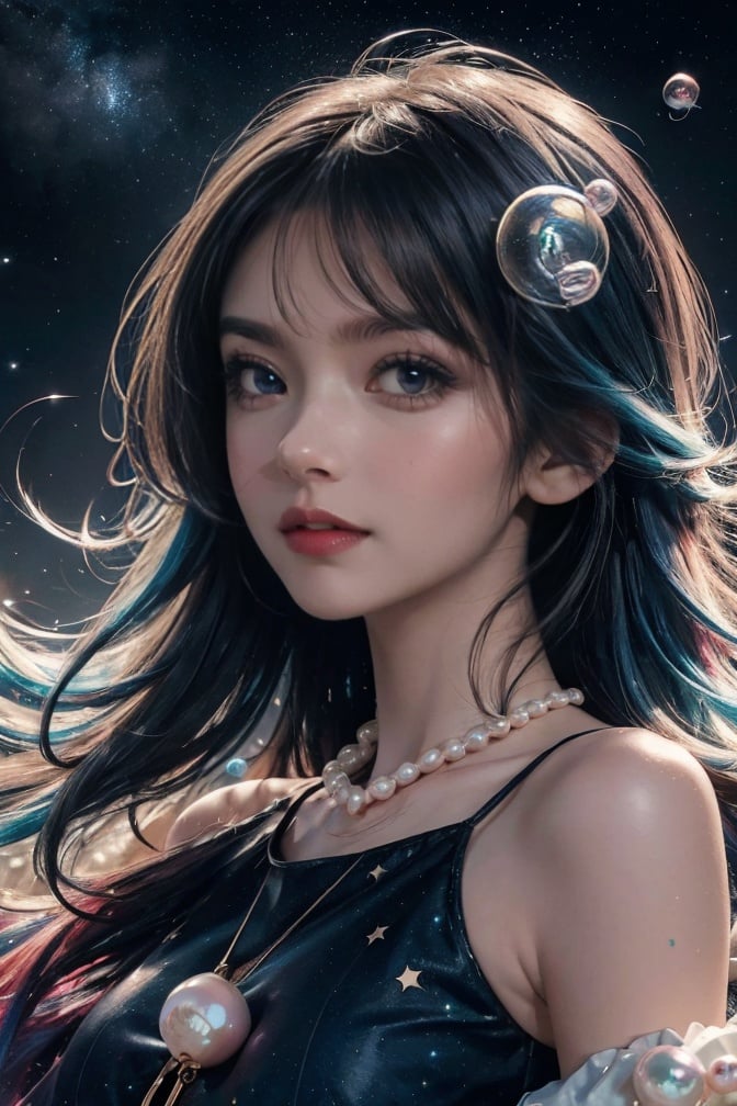 (masterpiece),(best quality),(ultra-detailed),(illustration),1girl,mixed-blood girl,<lora:mixed race girl_V8:0.6>,stars in the eyes, messy floating hair, colored inner hair, Starry sky adorns hair, (lots of big colorful Bubble), (pearl), (Galaxy), depth of field,