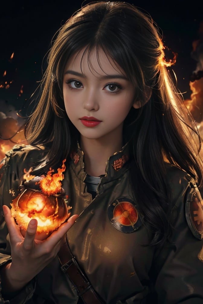 (masterpiece),(best quality),(ultra-detailed),(illustration),1girl,mixed-blood girl,<lora:mixed race girl_V8:0.66>,beautiful detailed glow,((flames of war)),(((nuclear explosion behide))),