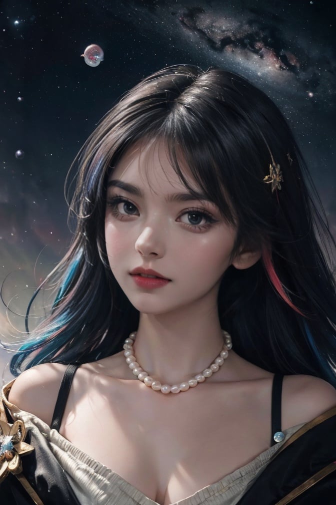 (masterpiece),(best quality),(ultra-detailed),(illustration),1girl,mixed-blood girl,<lora:mixed race girl_V8:0.6>,stars in the eyes, messy floating hair, colored inner hair, Starry sky adorns hair, (lots of big colorful Bubble), (pearl), (Galaxy), depth of field,