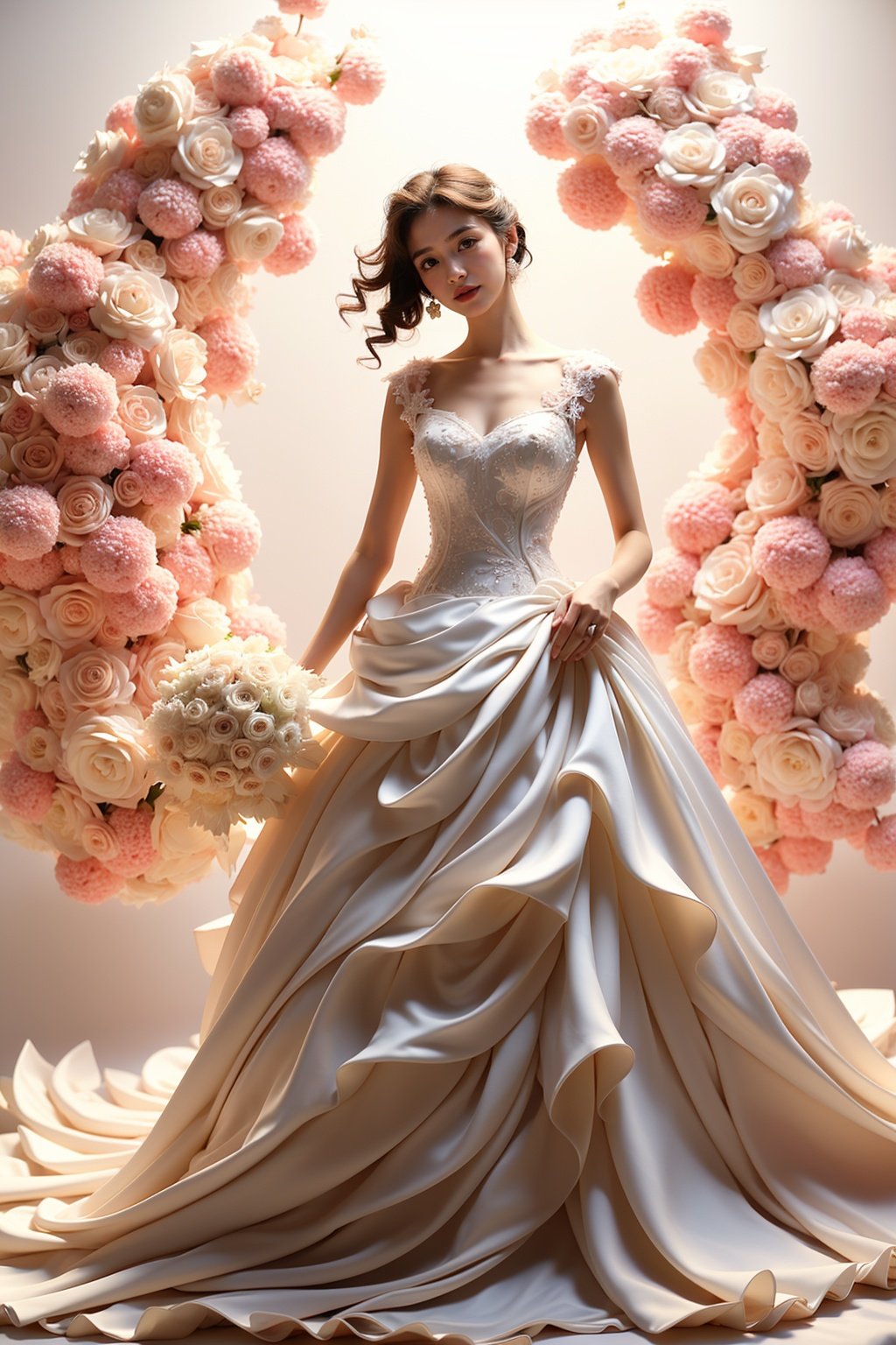 1girl, luxurious wedding dress, dreamy scene, white background, (sunlight), front viewer, looking at viewer, <lora:wedding:0.8>