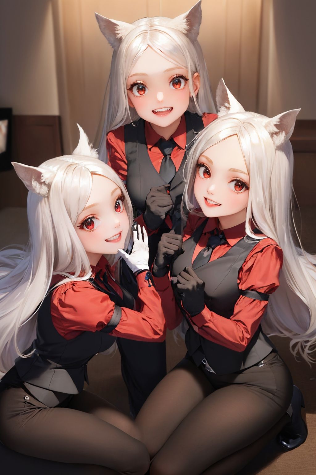 (masterpiece, best quality:1.2), 3girls, htcerberus, happy, grin, looking at viewer, waistcoat, red shirt, black necktie, arm garter, black vest, black gloves, black pants <lora:helltaker_cerberus:1.0>