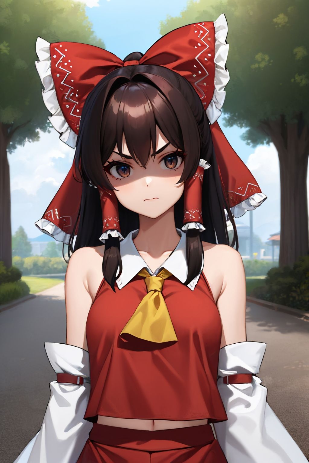 (masterpiece, best quality:1.2), solo, 1girl, hakurei reimu, shaded face, closed mouth, looking at viewer, v-shaped eyebrows, hair tubes, detached sleeves <lora:concept_shadedface:1.0>