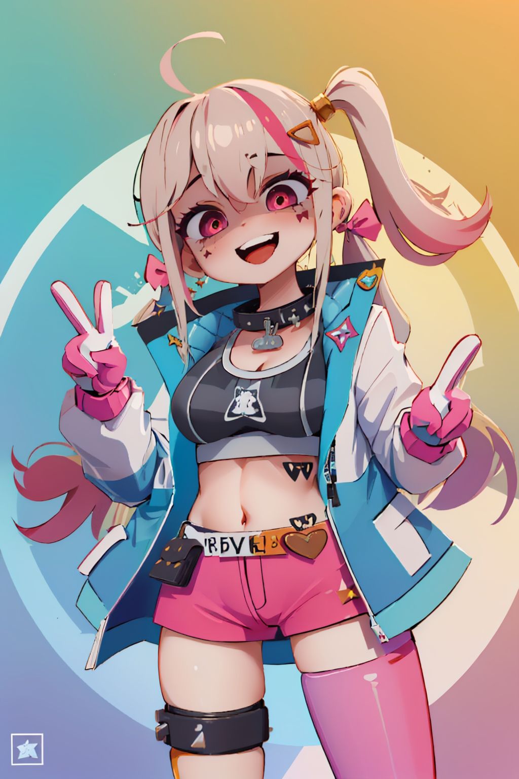 (masterpiece, best quality:1.2), solo, 1girl, nikkejackal, facial mark, shaded face, smile, looking at viewer, peace sign, ahoge, twintails, hair ornament, glowing eyes, open clothes, jacket, sports bra, pink shorts, single thighhigh, pink gloves <lora:nikke_jackal:0.9> <lora:concept_shadedface:1.0>