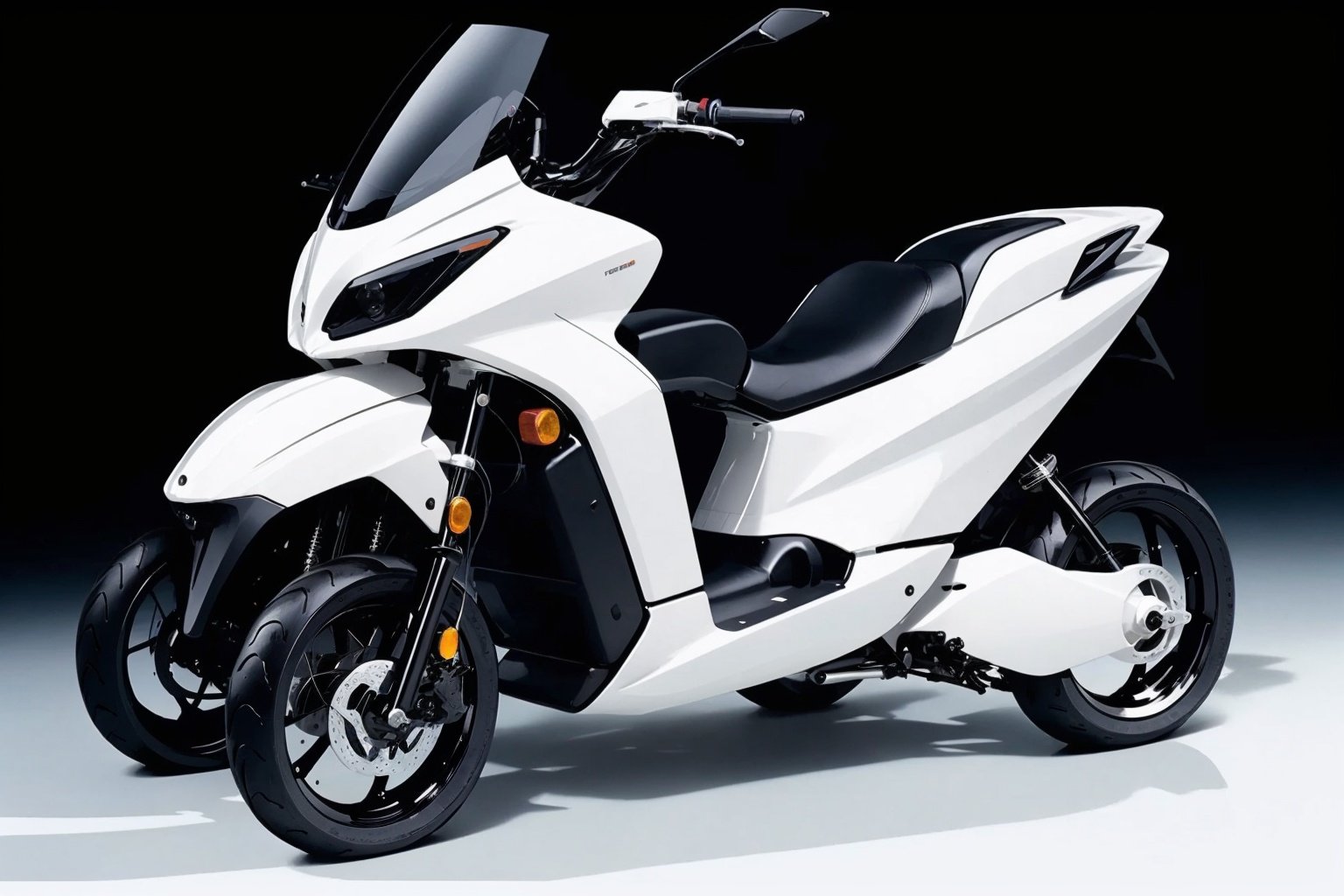 A three wheeled motorcycle with a rounded and plump front, white paint, white appearance, masterpiece, high detail, black tires, (with a white appearance:1.2), (black tires: 1.2), (black rearview mirrors:1.2),