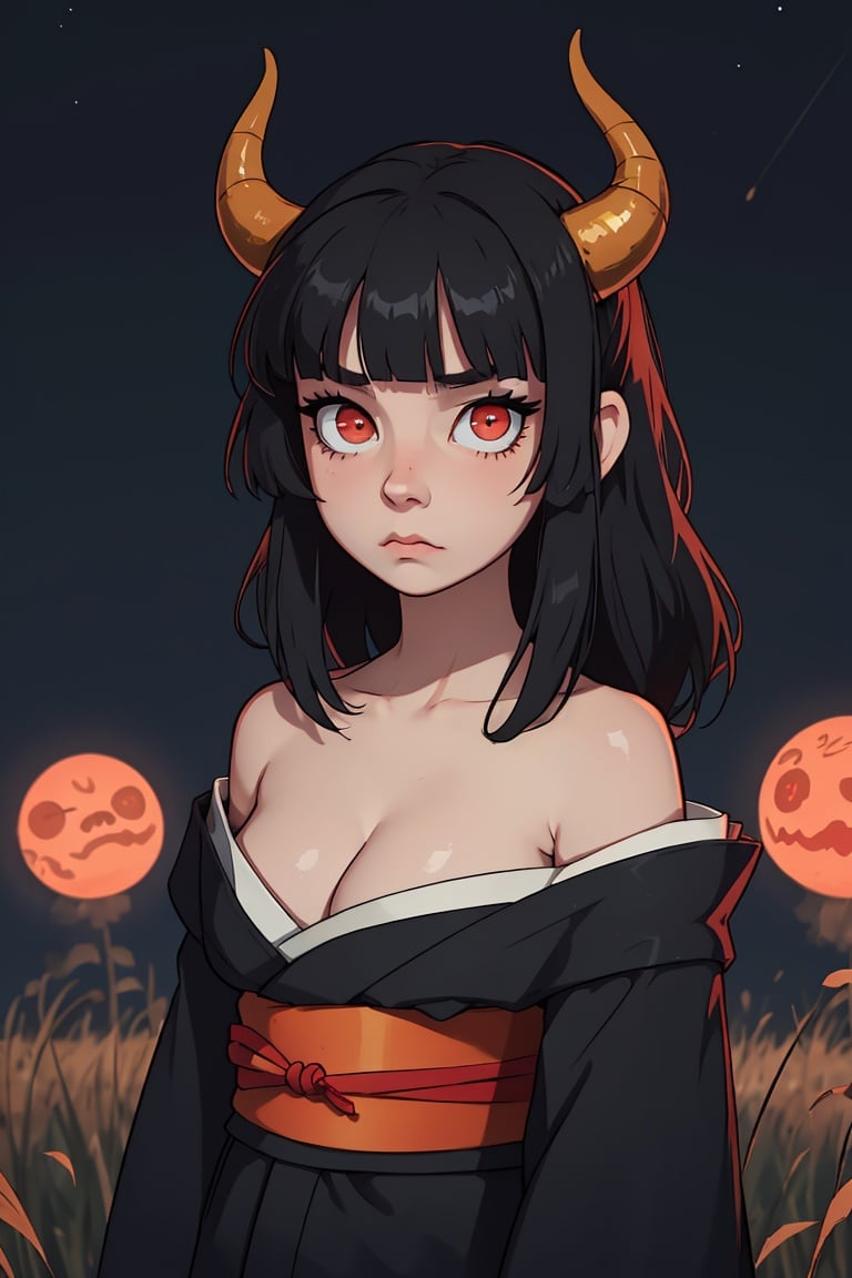 absurdres,  highres night,  cowboy shot,  official wallpaper,  grasslands, 1girl,  oni horns,  black hair,  blunt bangs,  long hair,  disheveled hair,  black open kimono,  slit pupils,  glowing red eyes,  pale skin,  furious:sad:0.8,  aura,  (looking at viewer:1.2),  standing,  large breasts,  bare shoulder,  wind,  serious,  upturned eyes, <lora:EMS-36439-EMS:0.900000>