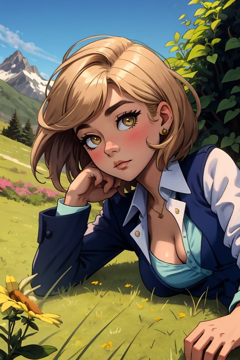 (masterpiece,  best quality:1.2),  1girl,  solo,  breasts,  cleavage,  mahogany eyes,  blonde hair,  looking ahead,  lying,  on side,  day,  warm,  balmy,  summer uniform,  outdoors,  tundra,  grass,  hill,  cold,  mountains,  shrub,  bush,  plant,  rolling hills,  defined cheeks,  thin lips,  defined jawline,  closed mouth,  horrified,  closed mouth,  medium hair,  lob cut, <lora:EMS-36439-EMS:0.700000>