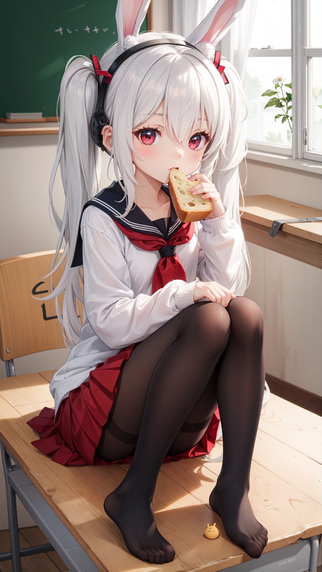 1girl,laffey \(azur lane\),food,long hair,school uniform,animal ears,twintails,pantyhose,skirt,serafuku,white hair,no shoes,manjuu \(azur lane\),sitting,eating,red eyes,desk,rabbit ears,feet,milk carton,red skirt,hairband,white pantyhose,bread,school desk,sitting on desk,holding food,pleated skirt,solo,hair between eyes,bangs,knees up,very long hair,holding,on desk,