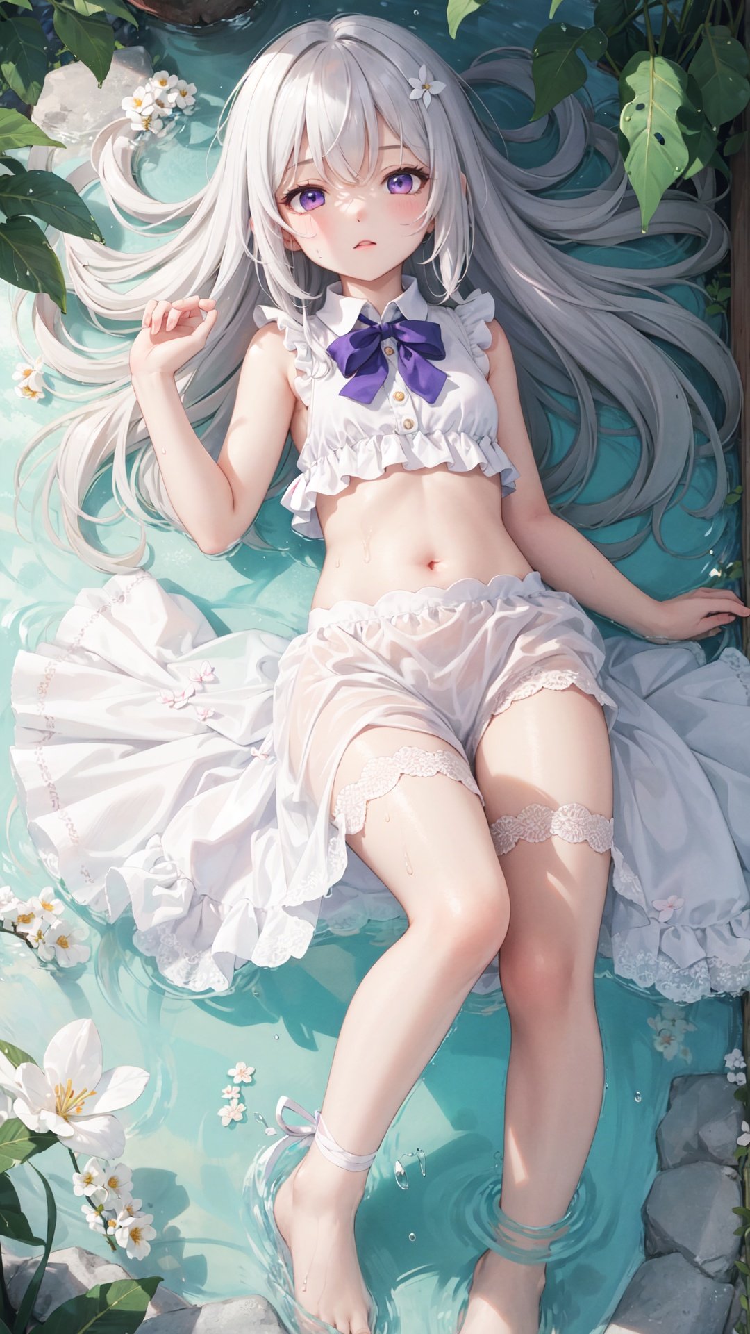 {{{masterpiece}}}, best quality, illustration, beautiful detailed sky, beautiful detailed water, beautiful detailed eyes, 1girl, expressionless, purple eyes, {{straight hair}}, messy hair, long bangs, hairs between eyes, white frilled collar, open cloths, sleeveless dress, white dress, pink ribbon, white bowties, black buttons, shoulders, barefoot, midriff, navel, small breasts, underboob, upderwear, {{{half-closed eyes}}}, {{sleepy}}, big forhead, pure white hair, wet clothes, blank stare, pink flower, petite