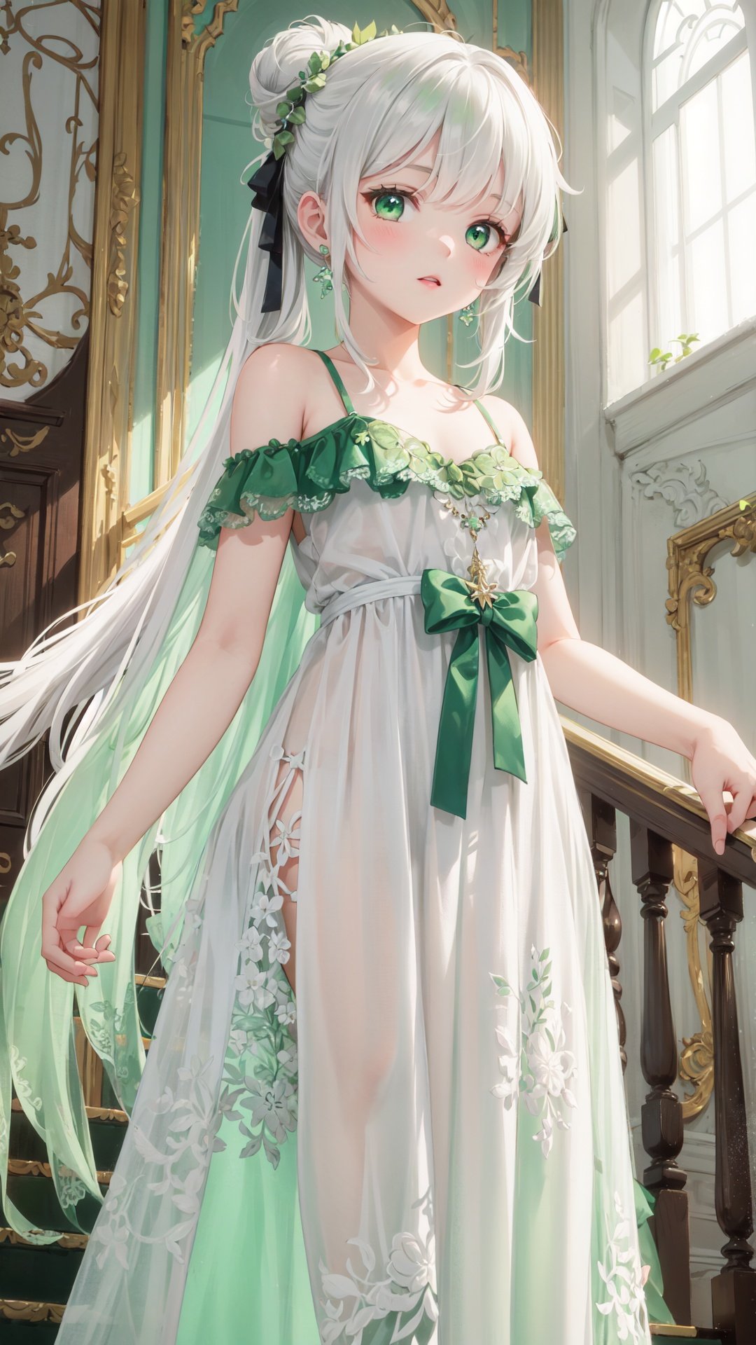 best quality, masterpiece,(solo),(close up),1girl,bright white hair,(haf updo),gray eyes,floating hair,(raise),,night gown,(gown_\\(White and green gradient color\\):1.2),bare shoulders,,in palace,hall,stair railing,sunlight,from below