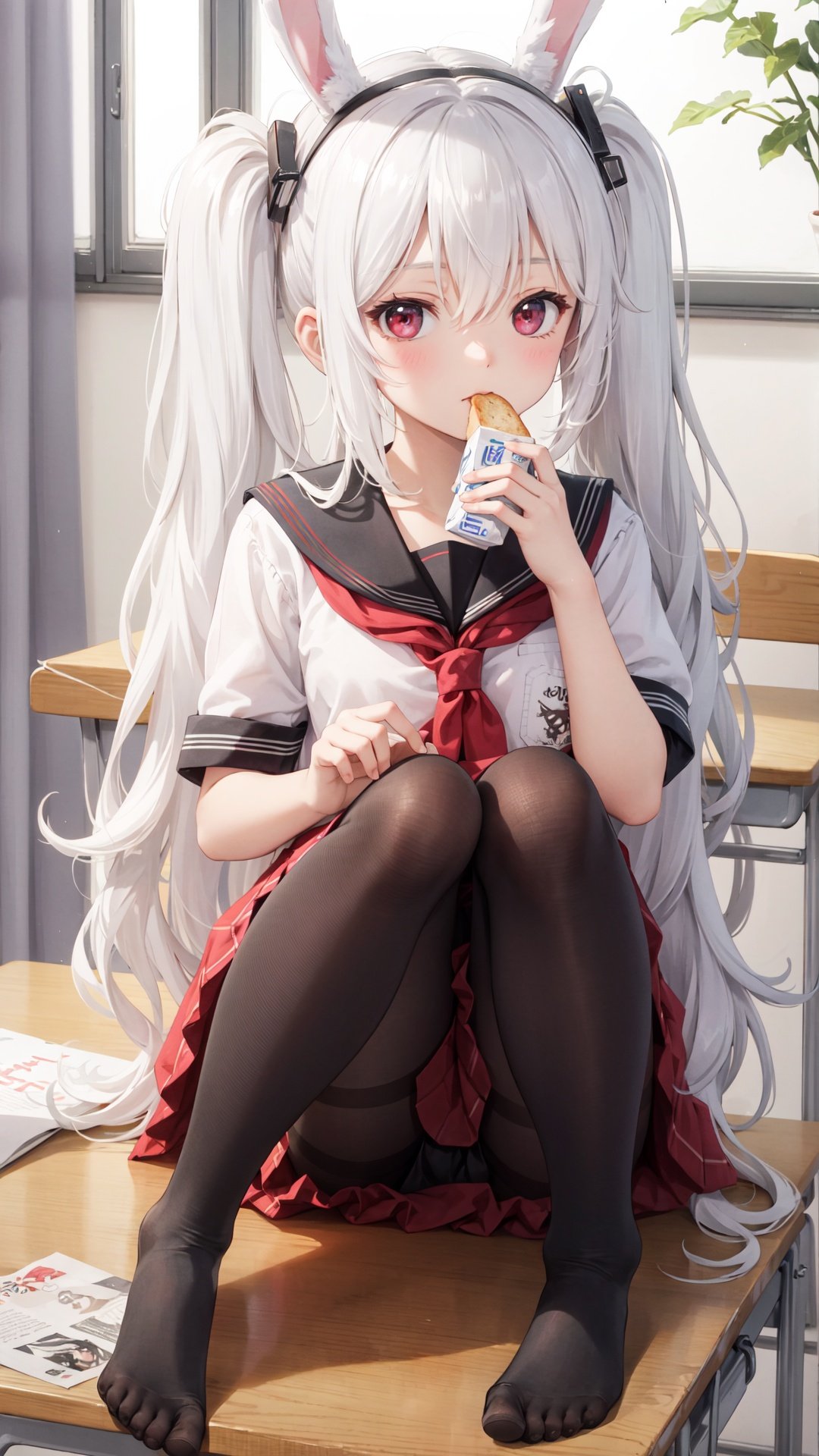 1girl, laffey \(azur lane\), food, long hair, school uniform, animal ears, twintails, pantyhose, skirt, serafuku, white hair, no shoes, manjuu \(azur lane\), sitting, eating, red eyes, desk, rabbit ears, feet, milk carton, red skirt, hairband, white pantyhose, bread, school desk, sitting on desk, holding food, pleated skirt, solo, hair between eyes, bangs, knees up, very long hair, holding, on desk