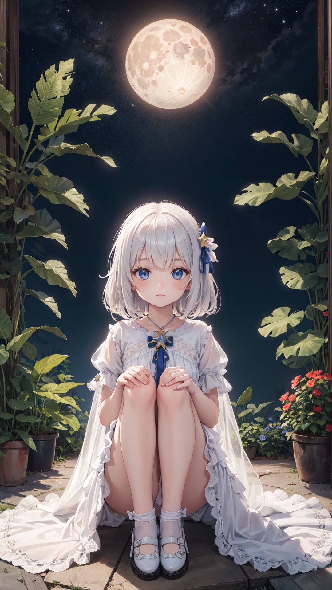 (masterpiece:1.2), (best quality:1.3), (ultra-detailed:1.2), (illustration:1.2),(Cinematic Lighting),star,moon,\n（(1girl)),loli,full body,sitting,fetal position,\nbubble, fantastic,plant,girl in star