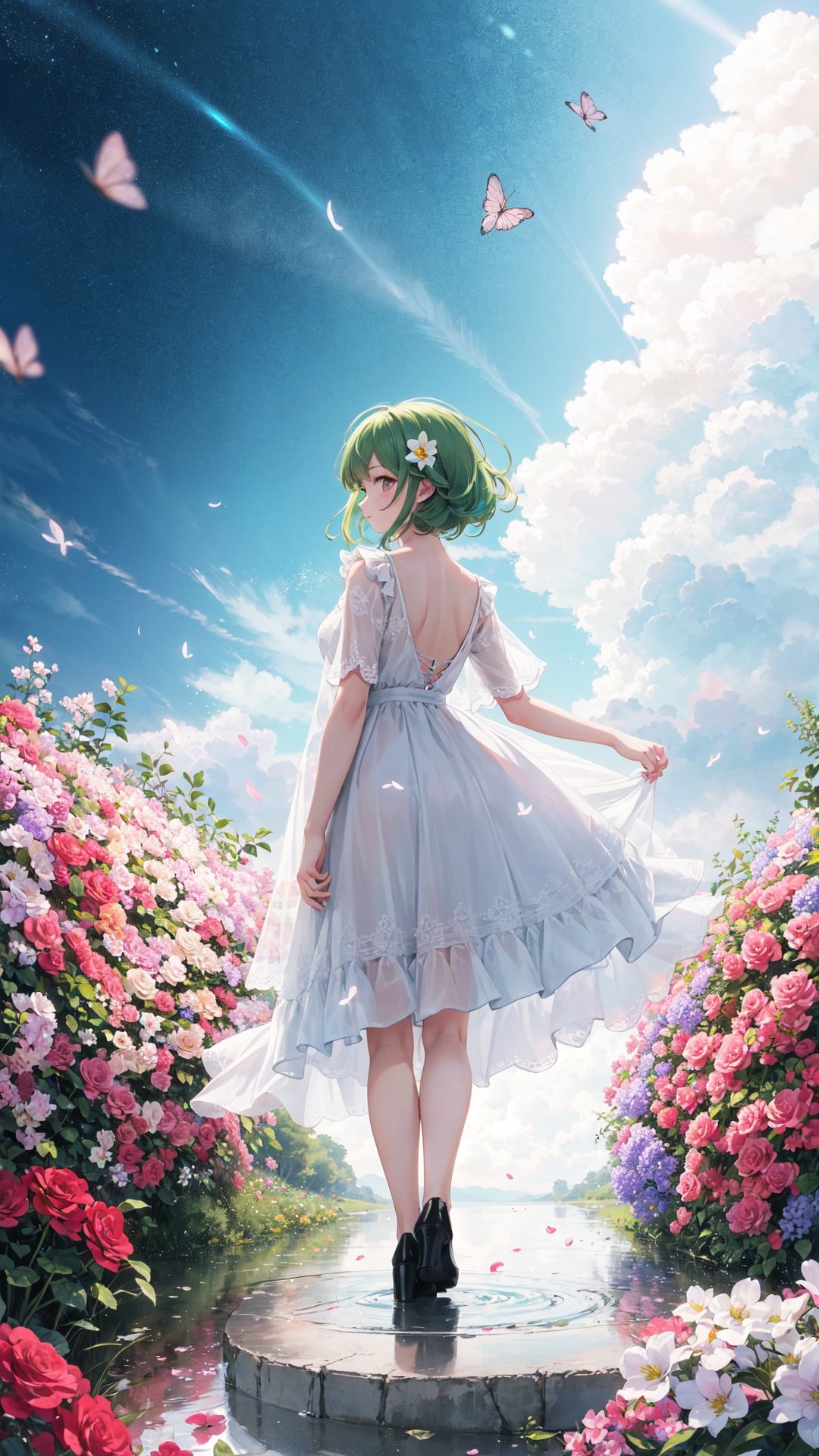 (Colorful flowers in the distance : very pretty girl, Colorful flowers:0.5, look back, full body), (double exposure:1.3), prompt by Ethan for CGArt_Firefly, surreal dream, dynamic, lut, hdr, Bright Scene, greenhair, whitedress