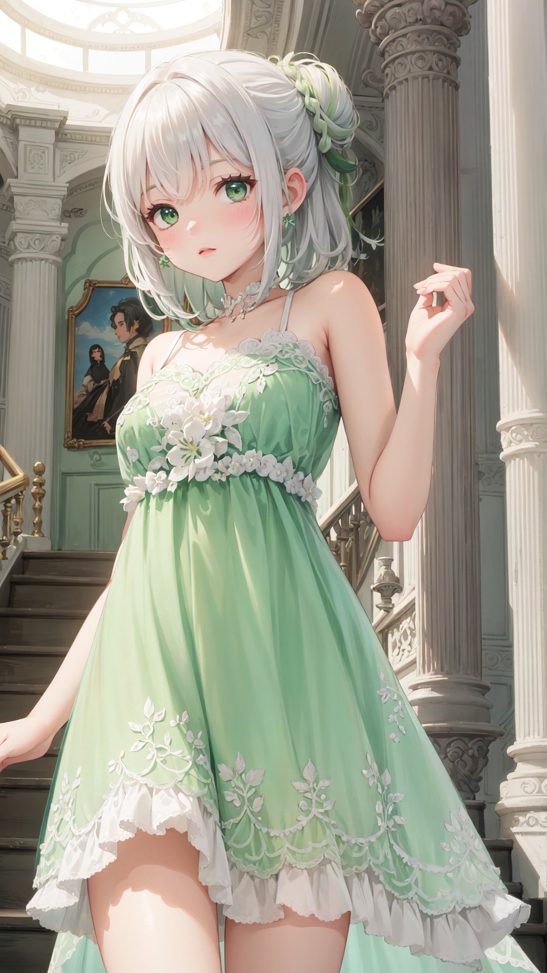 best quality, masterpiece,(solo),(close up),1girl,bright white hair,(haf updo),gray eyes,floating hair,(raise),,night gown,(gown_\\(White and green gradient color\\):1.2),bare shoulders,,in palace,hall,stair railing,sunlight,from below