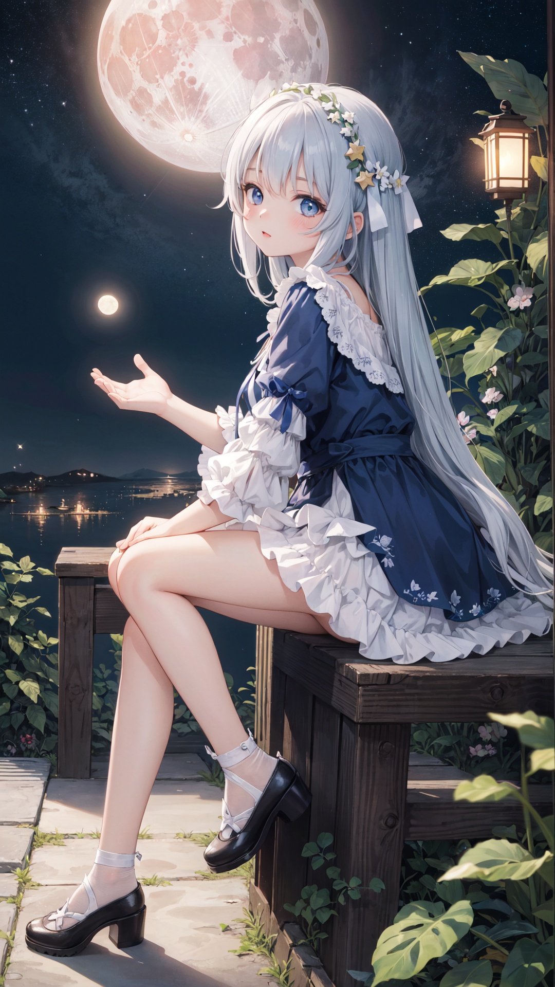 (masterpiece:1.2), (best quality:1.3), (ultra-detailed:1.2), (illustration:1.2),(Cinematic Lighting),star,moon,\n（(1girl)),loli,full body,sitting,fetal position,\nbubble, fantastic,plant,girl in star