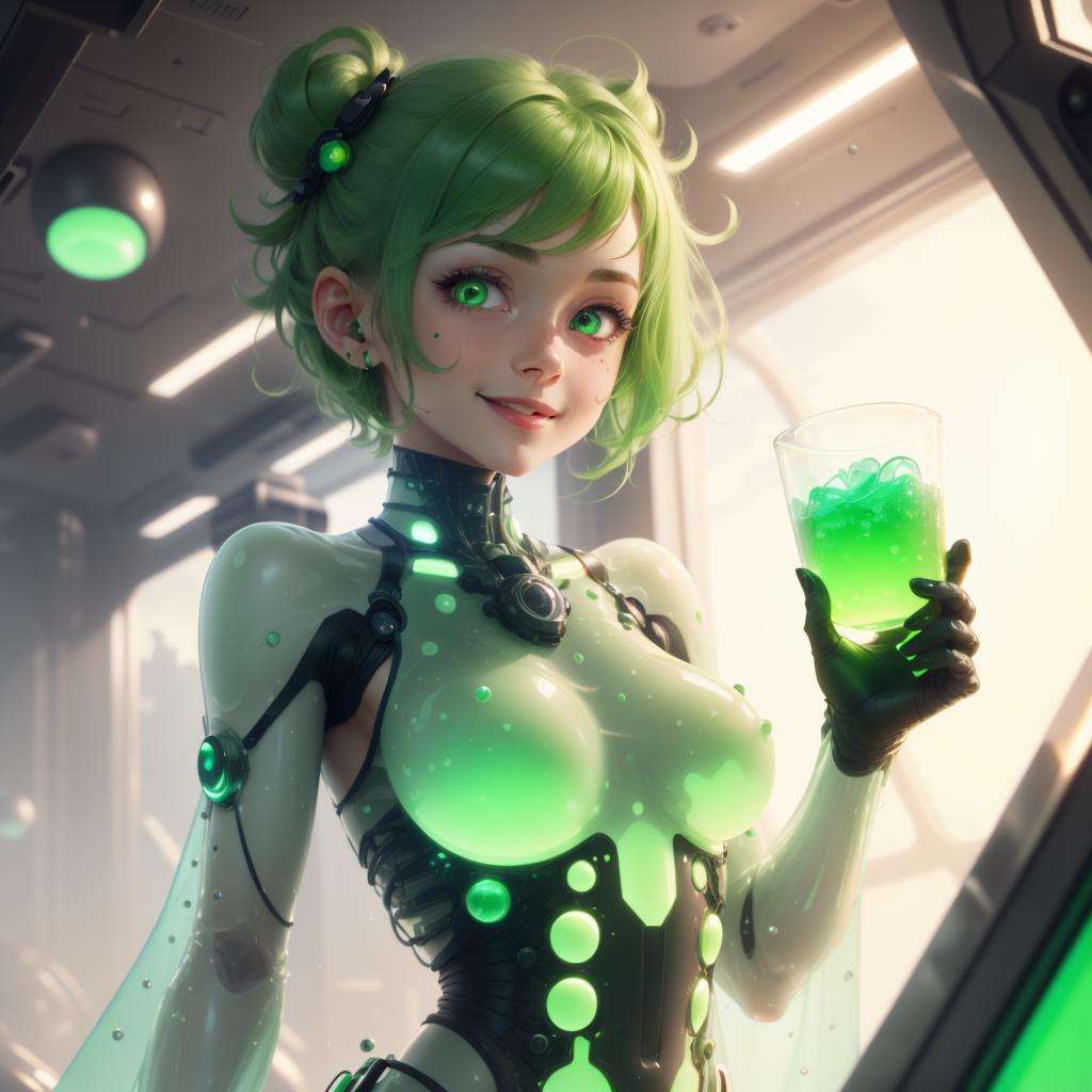 <lora:GelatinTech-20:1>, gelatintech    , scifi,  green , transparent , gelatin skin,  see-through, scholar , scroll, 1girl,short hair, green hair, glowing eyes, smile ,closed mouth,