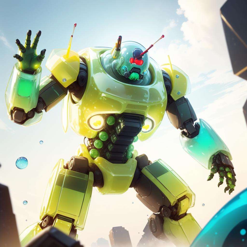 <lora:GelatinTech-20:1>, gelatintech    , scifi,  yellow ,  see-through, transparent, giggly , battle mech , destruction,