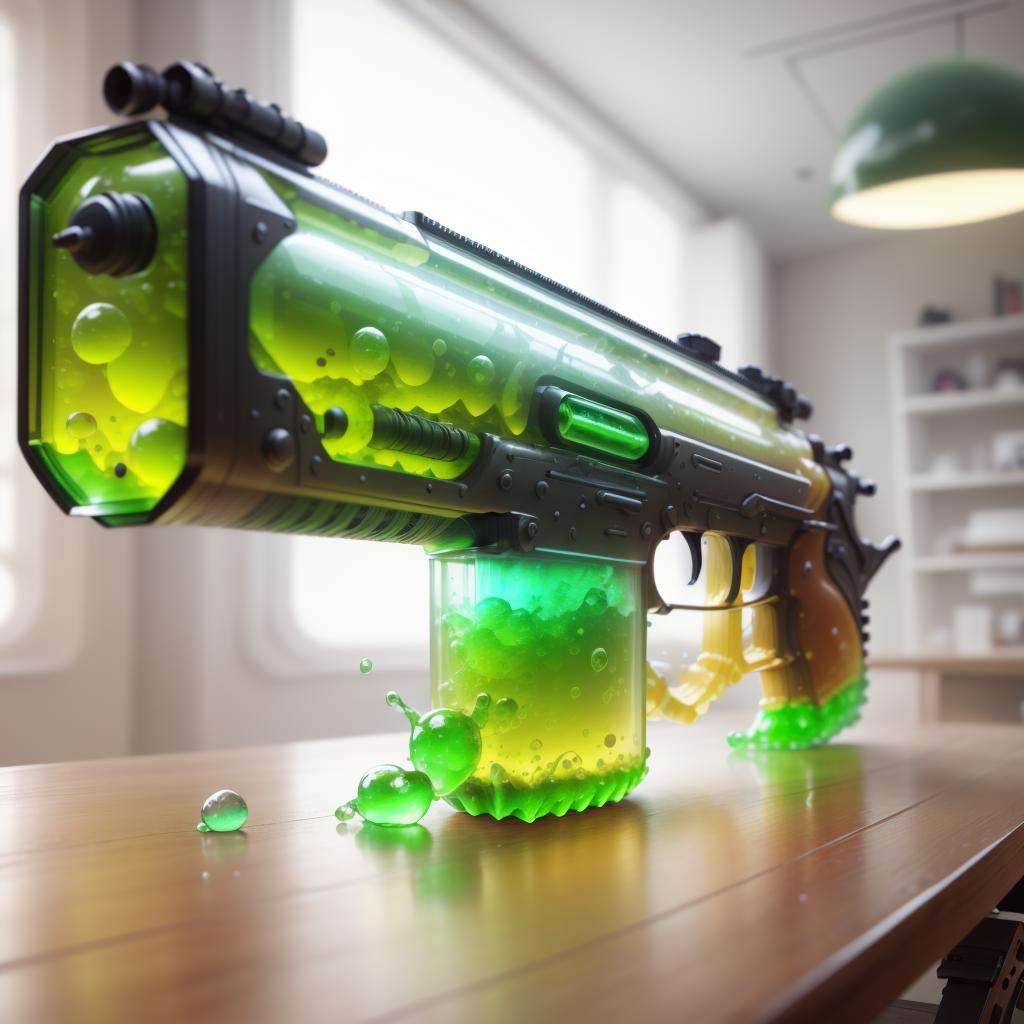 <lora:GelatinTech-20:1.2>, gelatintech ,  scifi,  see-through, green ,  rifle displayed on a table) , 