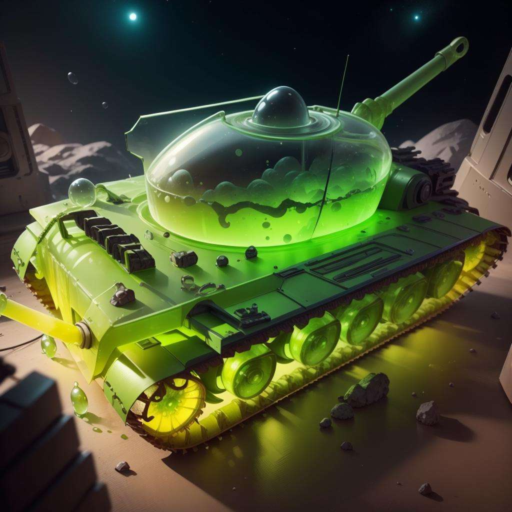 <lora:GelatinTech-20:0.8>, gelatintech ,  scifi,  see-through, green , battle tank, 
