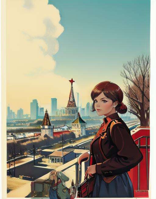 ussr_poster, a girl, upper body, standing on building, big soviet city on background <lora:USSR_poster:0.7>