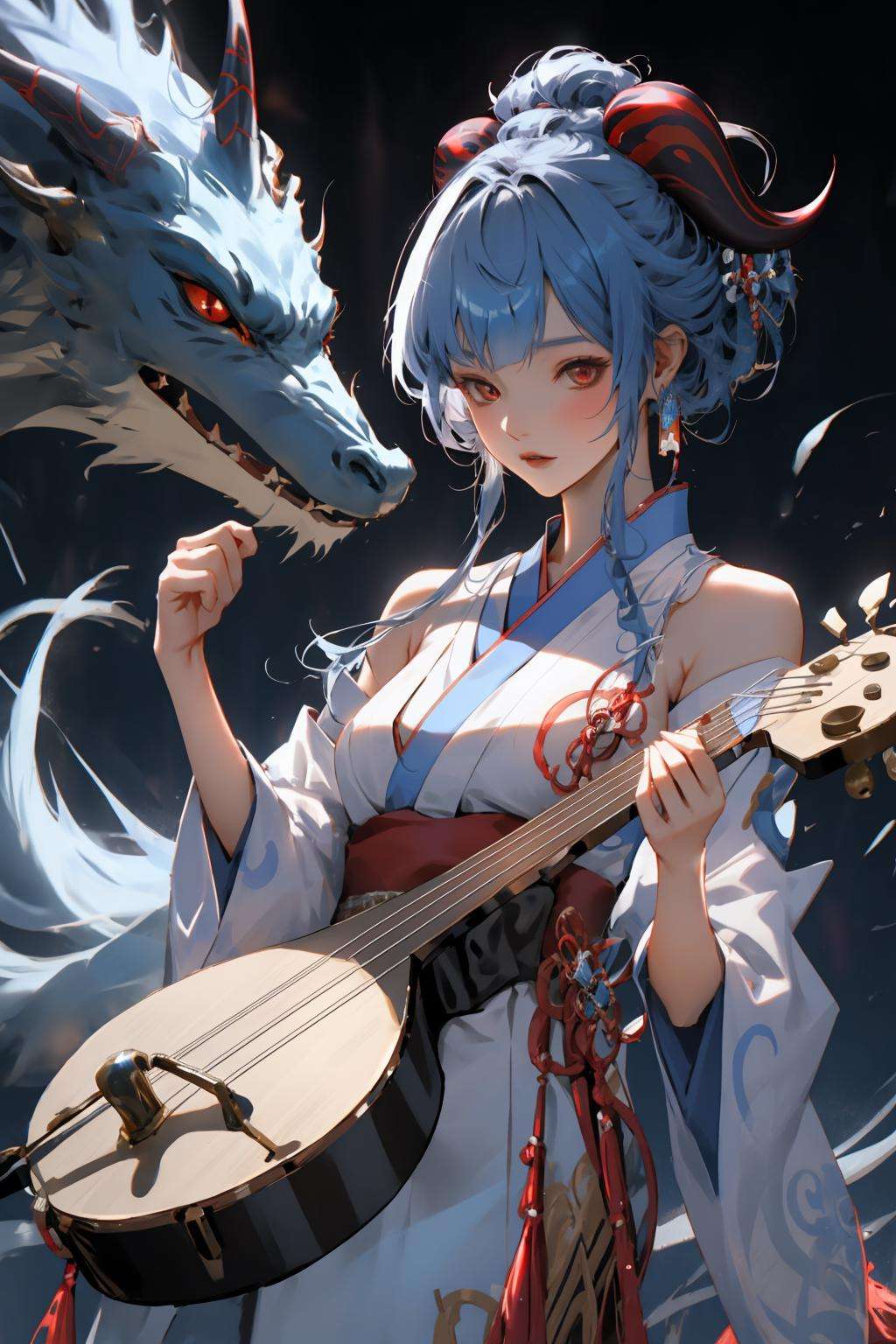 <lora:niji_20230529141232:0.7> <lora:ganyuGenshinImpact_offset:0.7> ganyu \(genshin impact\), pipa \(instrument\), red demon horn, blue hair, white hanfu, masterpiece, best quality,