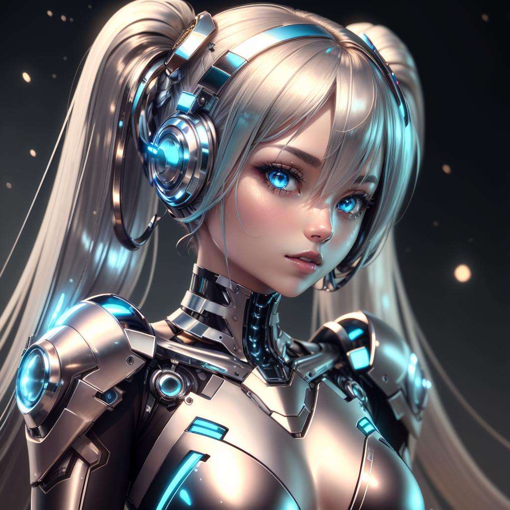 <lora:ChromeTech-21:0.8>,chrometech  , scifi, metallic , chrome ,metal skin,  colored skin, silver skin,  1girl,  glowing eyes, hatsune miku, 