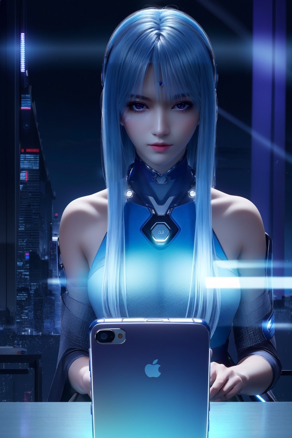 (Masterpiece, Best Picture Quality, Special Effects), Cyberpunk, a high-tech mobile phone with projection function. The phone projects content horizontally on a table, projecting a girl, blue hair, bangs, futuristic style (module),Phone case,dzn-hd