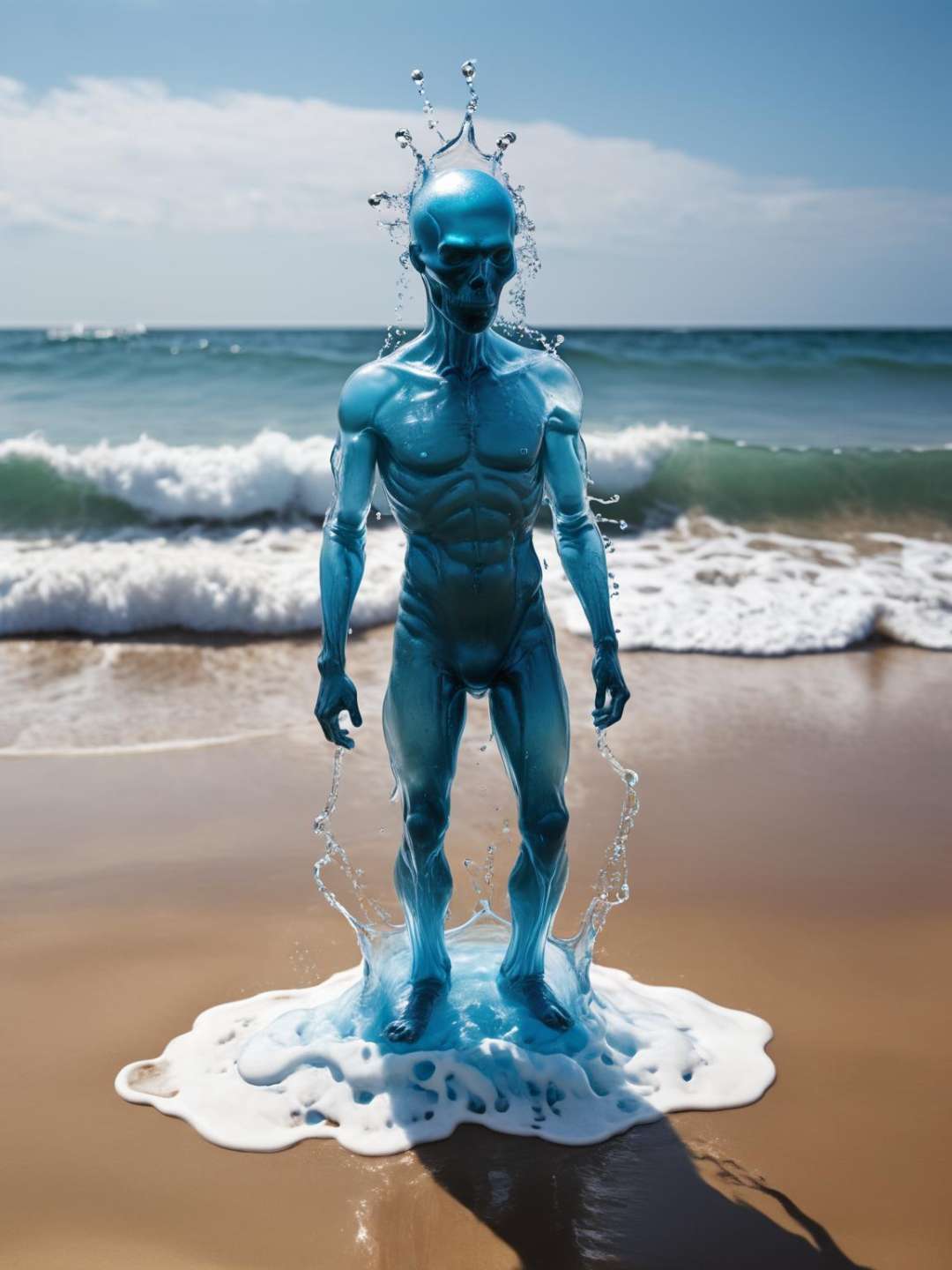 a full shot of a (anthropomorphic made of liquid water:1.3), human shape, foam, splash, drip, vapor, warped, deformed, translucent, ultra detailled, photo, canon m50, 200mmbeach backgrpound<lora:xl_more_art-full-beta3_1_0.5:1>