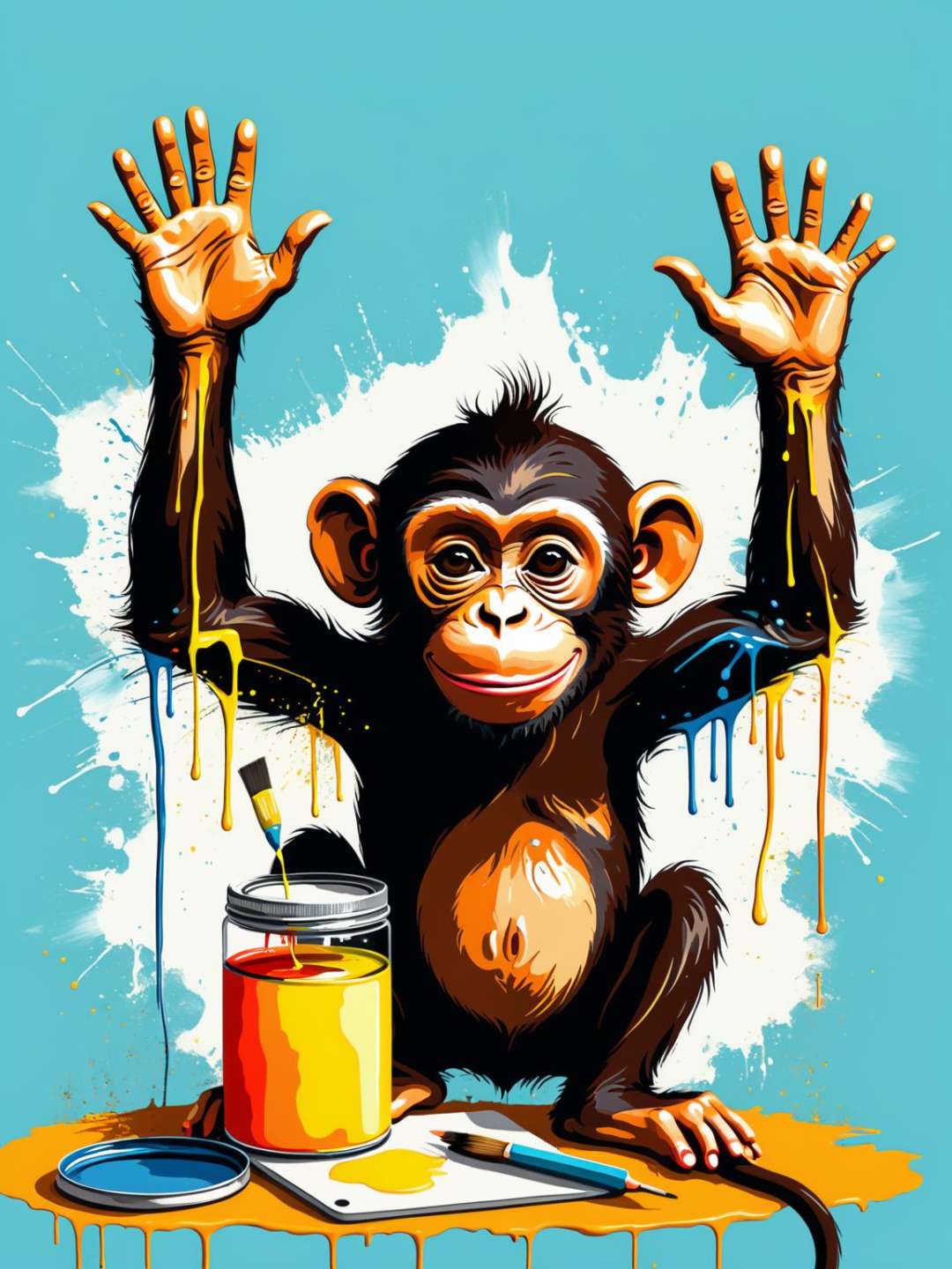 minimalistic, flat shading,  a detailed photo of a monkey dripping paint learning to use tools, detailed god rays, perfect hands, computer<lora:xl_more_art-full-beta3_1_0.5:1>