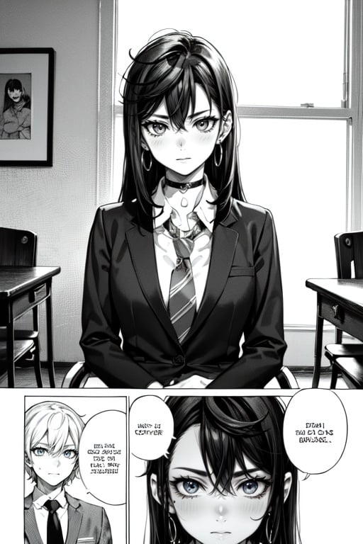 manga, manwha, 1girl, long_hair, breasts, looking_at_viewer, blush, smile, bangs, skirt, shirt, 1boy, cleavage, jewelry, sitting, school_ uniform, monochrome, greyscale, earrings, necktie, choker, grin, bracelet, sketch, chair, piercing, crossed_arms, desk, classroom, school_desk