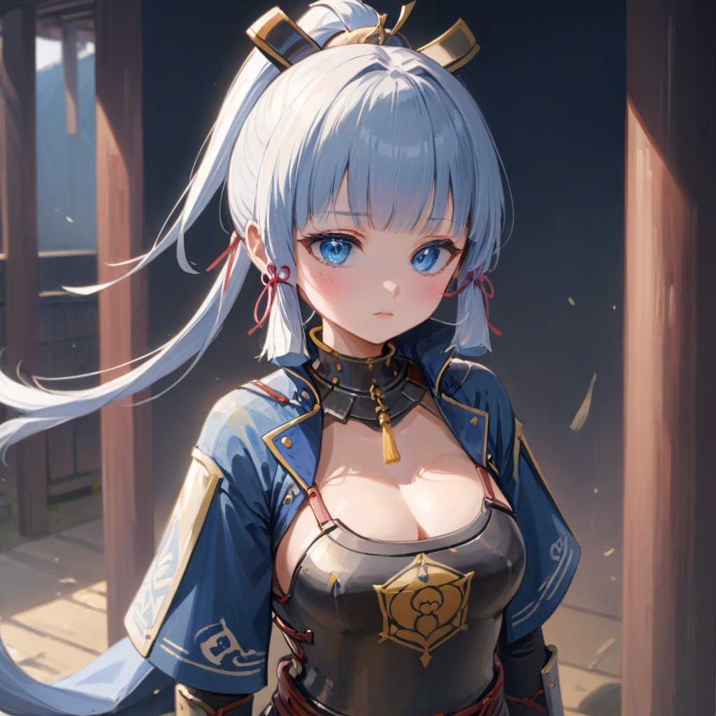 shenli,moren, 1girl, solo, breastplate, armor, kamisato ayaka, looking at viewer, bangs, blue eyes, mole, ponytail