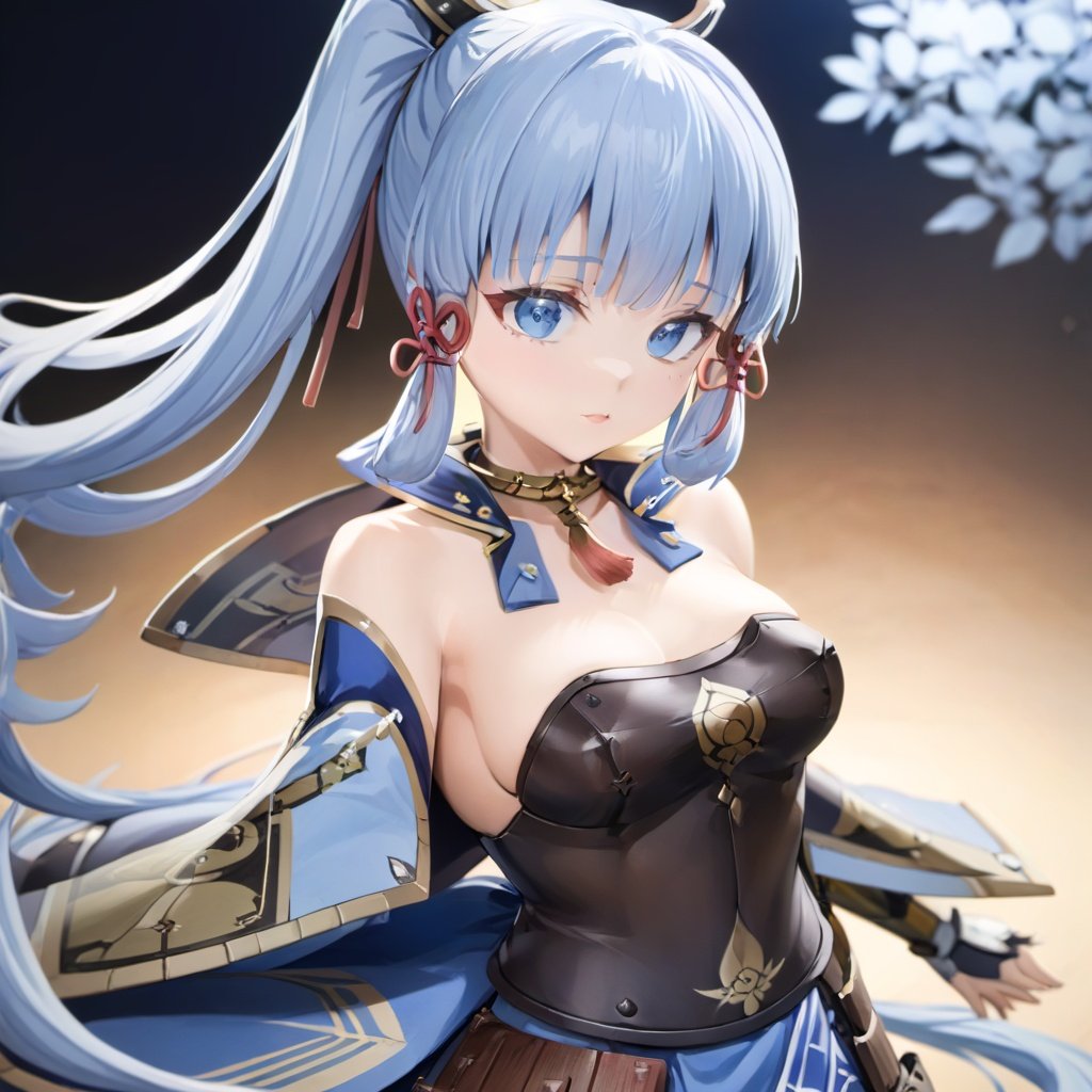 shenli,moren, 1girl, solo, breastplate, armor, kamisato ayaka, looking at viewer, bangs, blue eyes, mole, ponytail