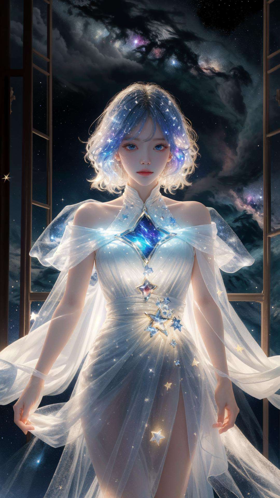 masterpiece, best quality,highres, 1girl, long_white_hair, stars in the eyes, see_through, (((glistening light))), (Luminous), detailed shadow, meteor, stars, galaxy, nebula, stars in white dress, messy floating hair, colored inner hair, Starry sky adorns hair, chiffon, tullece, <lora:fanxing:0.7>, fanxing, white theme