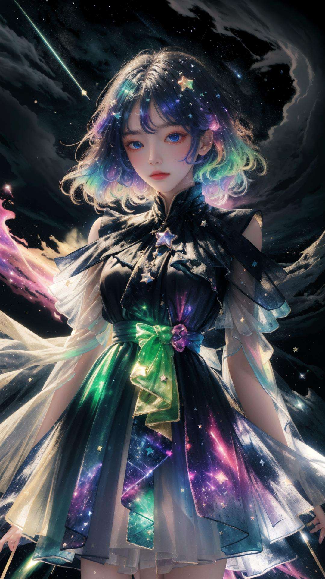 masterpiece, best quality,highres, 1girl, stars in the eyes, see_through, (((glistening light))), (Luminous), detailed shadow, meteor, stars, galaxy, nebula, stars in dress, messy floating hair, colored inner hair, Starry sky adorns hair, chiffon, tullece, <lora:fanxing:0.7>, fanxing, <lora:liuli:0.4>, liuli, chromatic dispersion, coloured glaze, Polychromatic prism effect, rainbowcore, iridescence/opalescence,  glowing colors