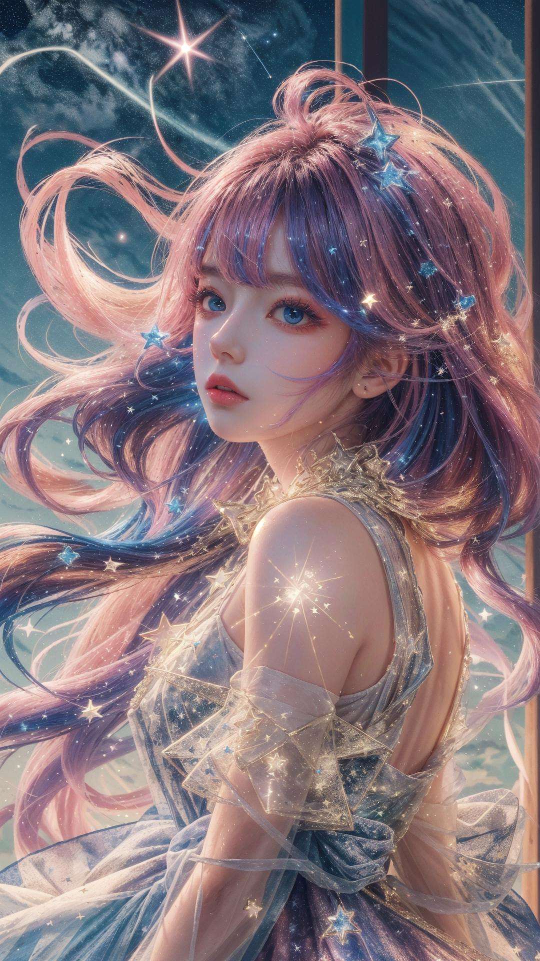 masterpiece, best quality,highres, 1girl, pink hair, stars in the eyes, messy floating hair, colored inner hair, Starry sky adorns hair, tullece, see_through, wind,(((glistening light))), (Luminous), detailed shadow, meteor,fanxing, <lora:fanxing:0.7>, <lora:add_detail:0.5>