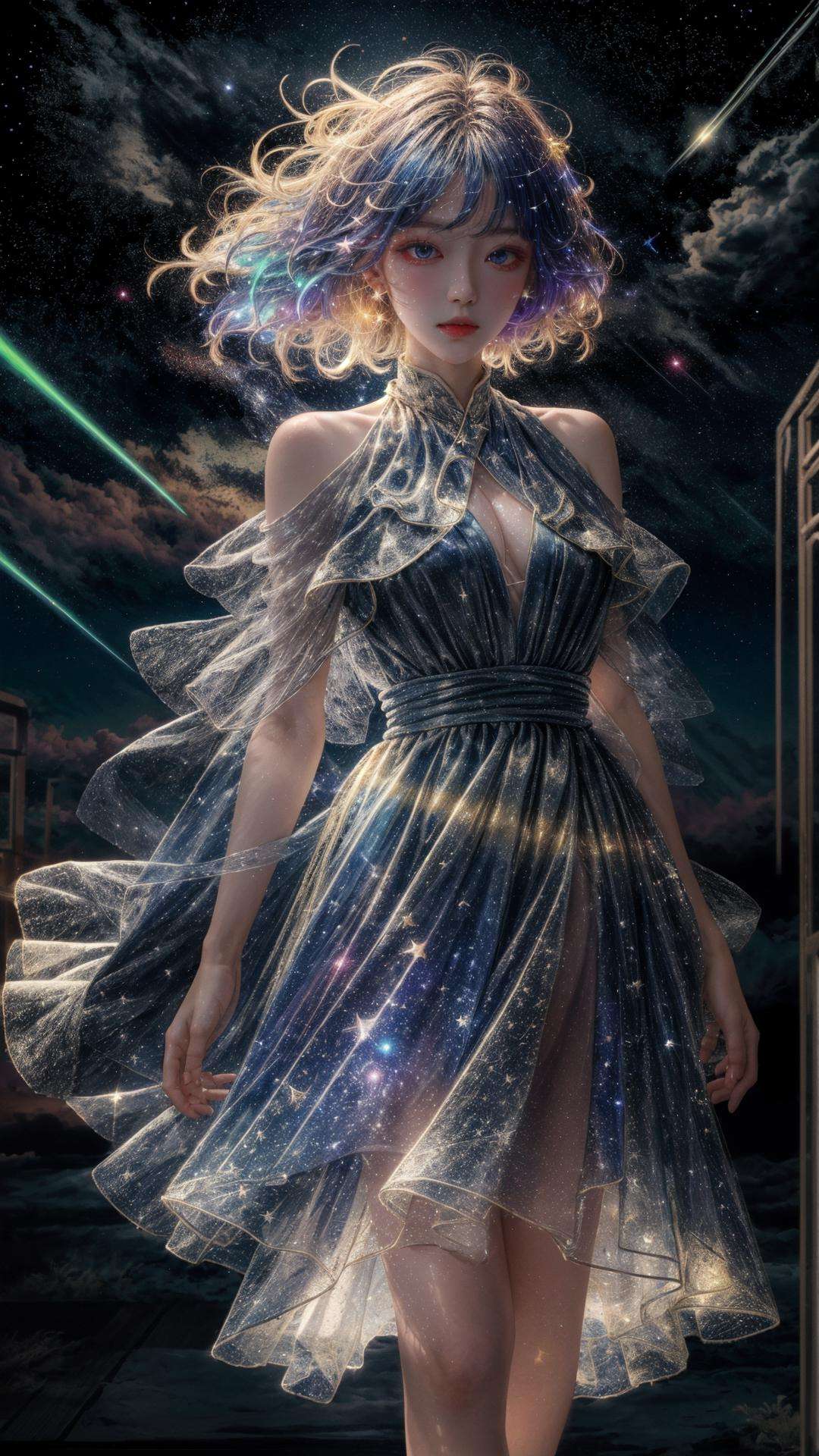 masterpiece, best quality,highres, 1girl, stars in the eyes, messy floating hair, colored inner hair, Starry sky adorns hair, (Galaxy), depth of field, tullece, see_through, walking, wind,(((glistening light))), (Luminous), detailed shadow, meteor,(glinting stars), fanxing, <lora:fanxing-000005:0.5>, <lora:liuli:0.3>,liuli, <lora:add_detail:1> 