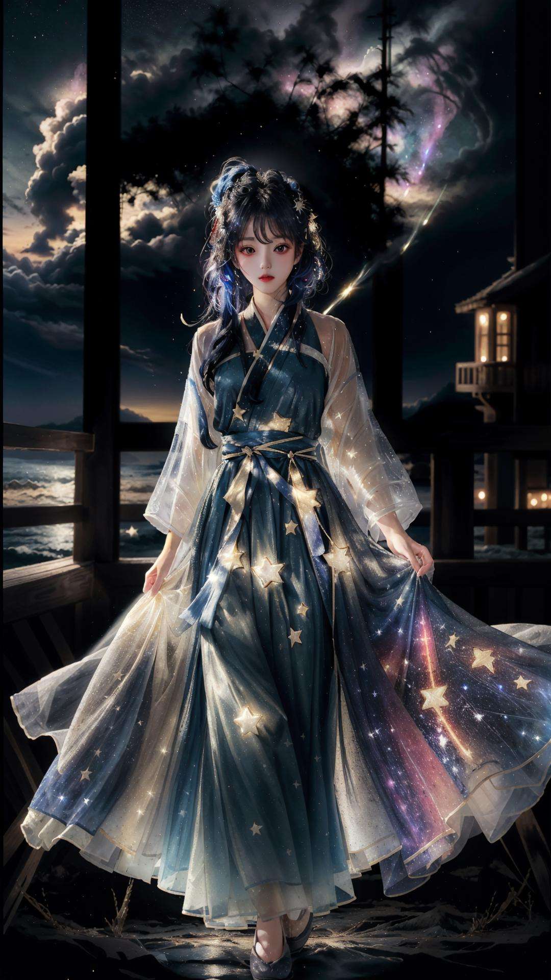 masterpiece, best quality,highres, 1girl, stars in the eyes, see_through, (((glistening light))), (Luminous), detailed shadow, meteor, stars, galaxy, nebula, stars in dress, messy floating hair, colored inner hair, Starry sky adorns hair, chiffon, tullece, <lora:fanxing:0.7>, hanfu,  <lora:hanfu_v30:0.4>