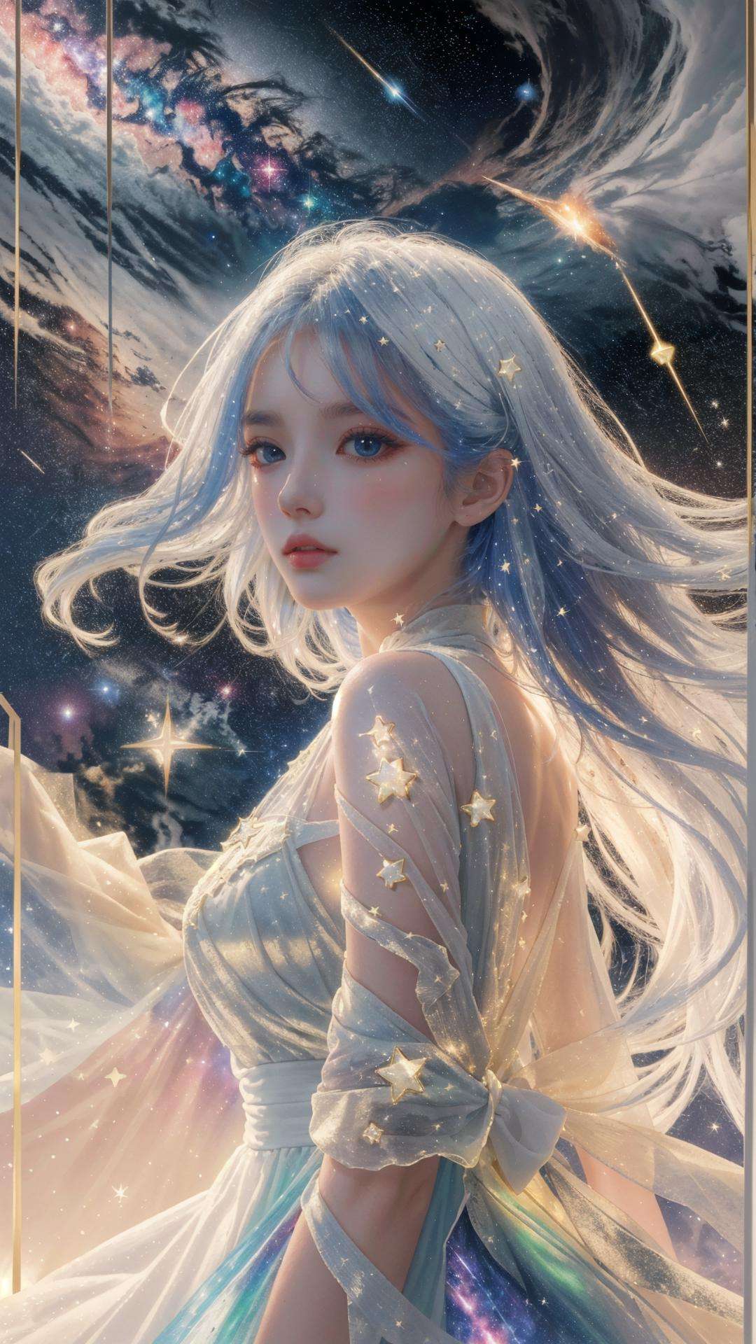 masterpiece, best quality,highres, 1girl, long_white_hair, stars in the eyes, see_through, (((glistening light))), (Luminous), detailed shadow, meteor, stars, galaxy, nebula, stars in white dress, messy floating hair, colored inner hair, Starry sky adorns hair, chiffon, tullece, <lora:fanxing:0.7>, fanxing, white theme