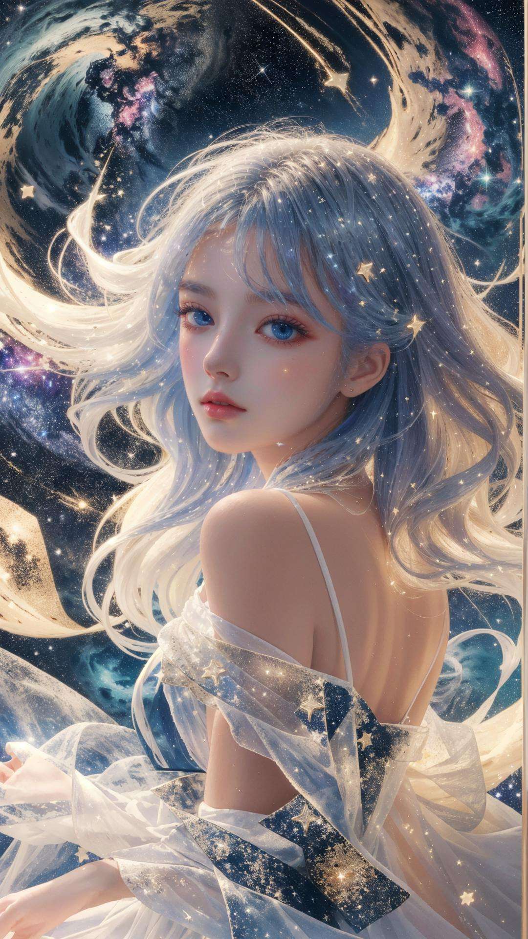 masterpiece, best quality,highres, 1girl, long_white_hair, stars in the eyes, see_through, (((glistening light))), (Luminous), detailed shadow, meteor, stars, galaxy, nebula, stars in white dress, messy floating hair, colored inner hair, Starry sky adorns hair, chiffon, tullece, <lora:fanxing:0.7>, fanxing, white theme