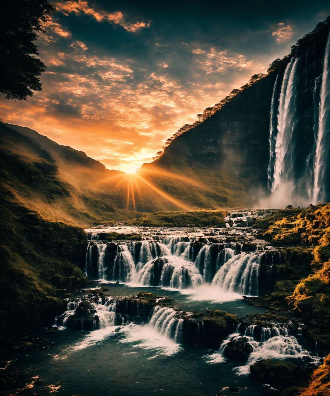 mj, waterfall, sunset, cinematic