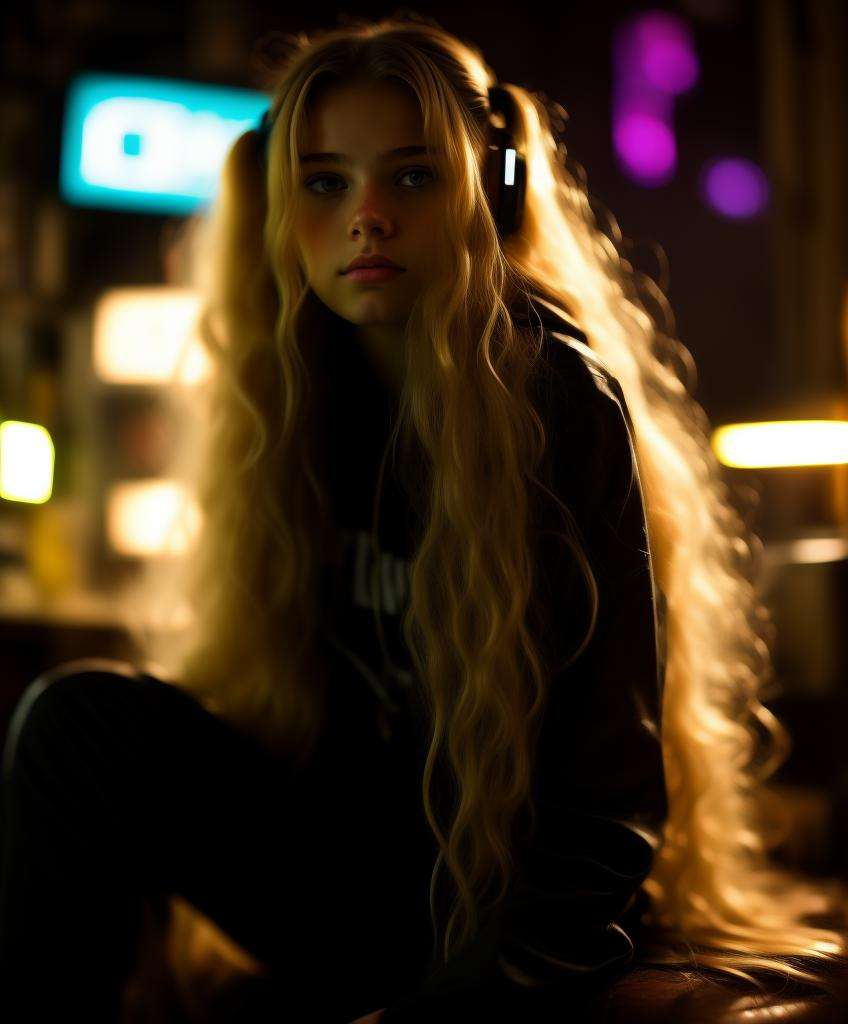 a girl sitting, (medium closeup:0.6), long hair, cyberpunk room