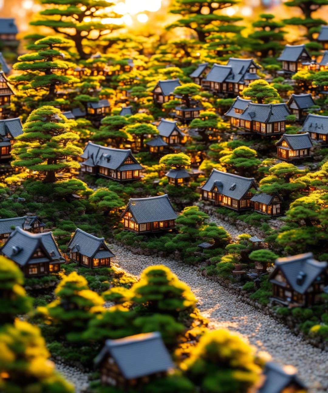 extremely detailed micro photo of a miniature village made of houses and bonsai trees in golden hour
