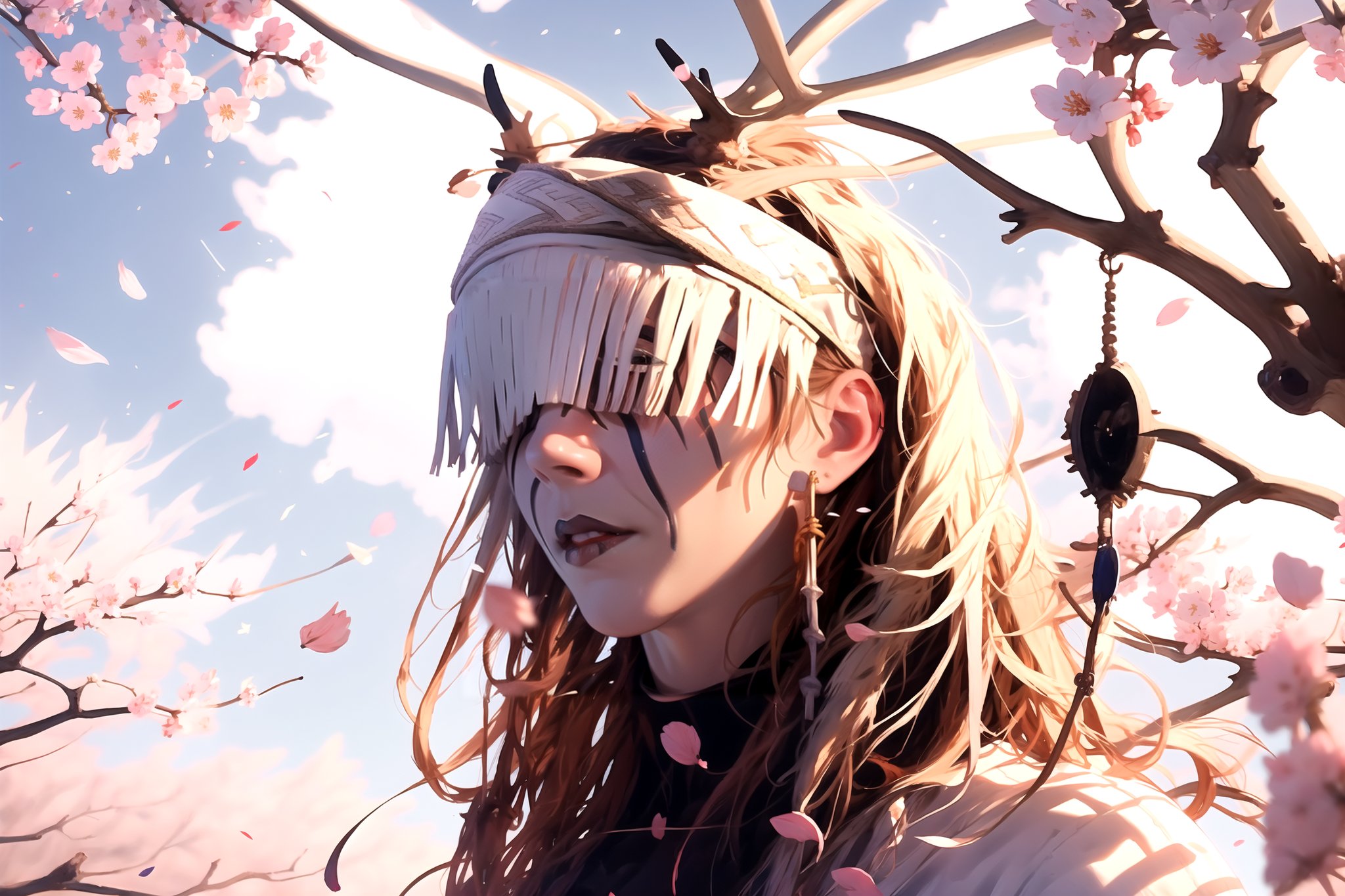 1girl, Maria Franz, tribal make up, horn, portrait, ((eyes covered)), solo, cherry_blossoms, white petals falling in the sky 