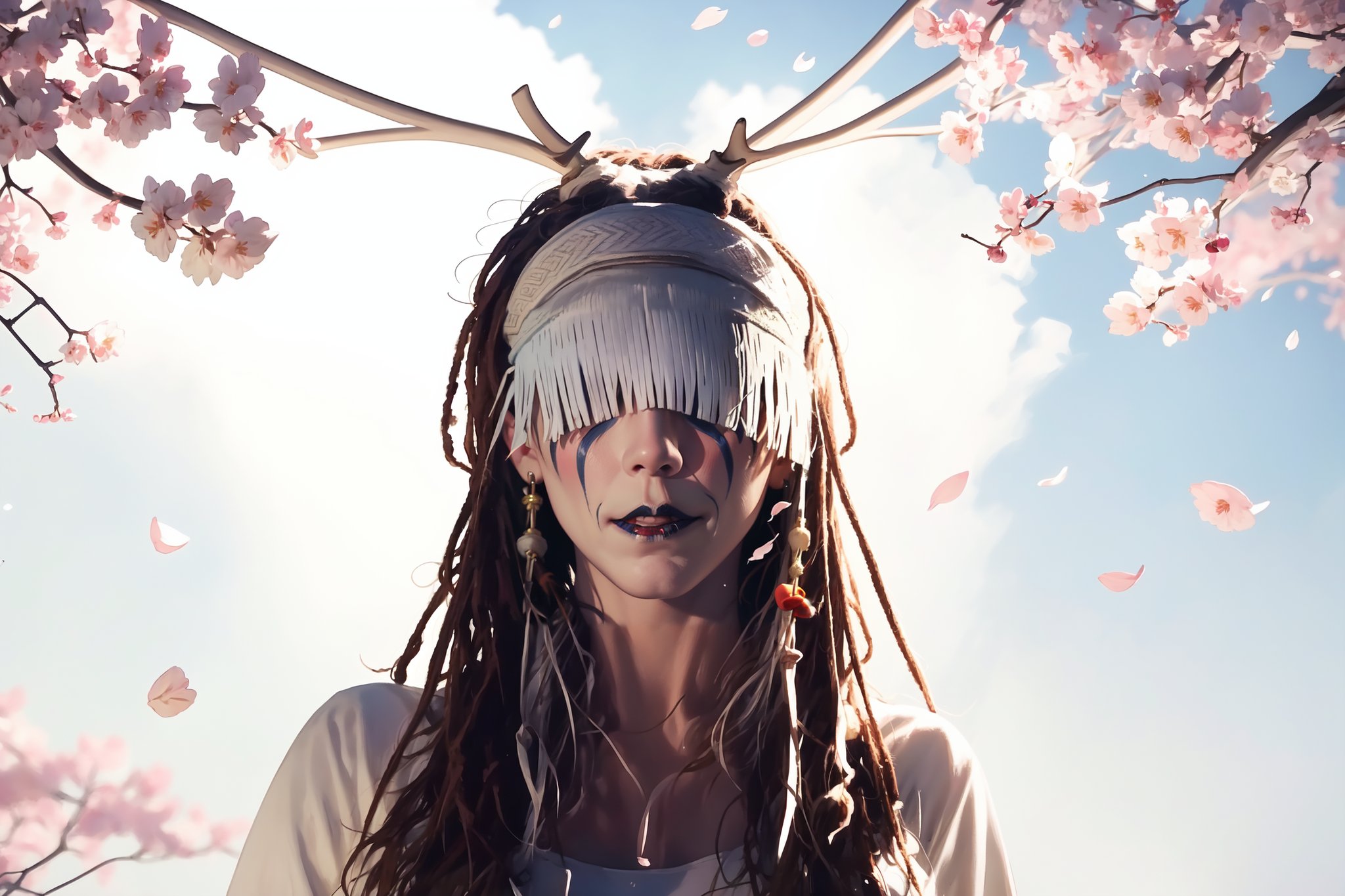 1girl, Maria Franz, tribal make up, horn, portrait, ((eyes covered)), solo, cherry_blossoms, white petals falling in the sky 