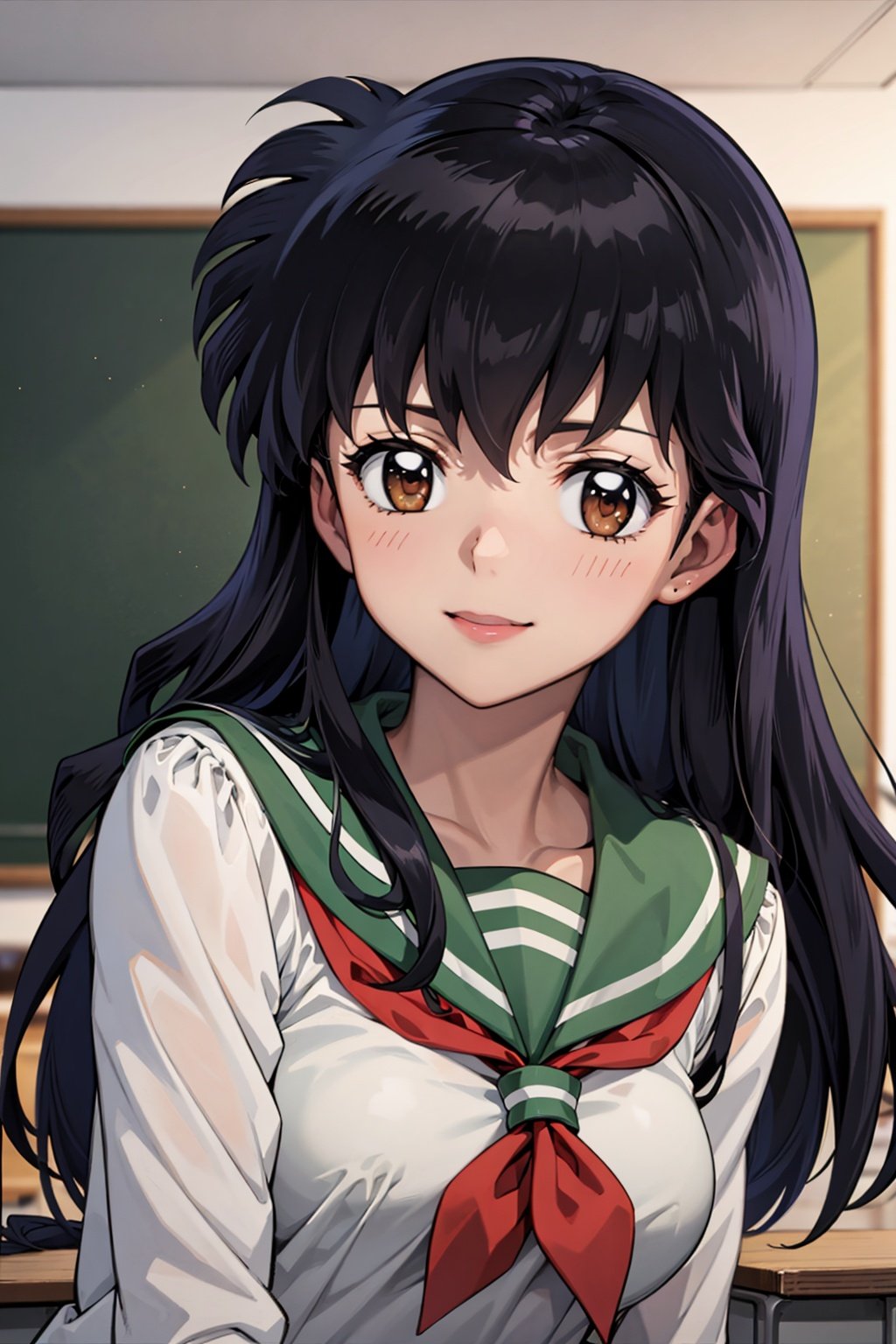 best quality, masterpiece, close-up, portrait, 1girl, higurashi kagome, black hair, brown eyes, long hair, medium breasts, serafuku, sailor collar, indoors, classroom, looking at viewer ,smile<lora:Kizuki - Inuyasha - Higurashi Kagome:0.9>