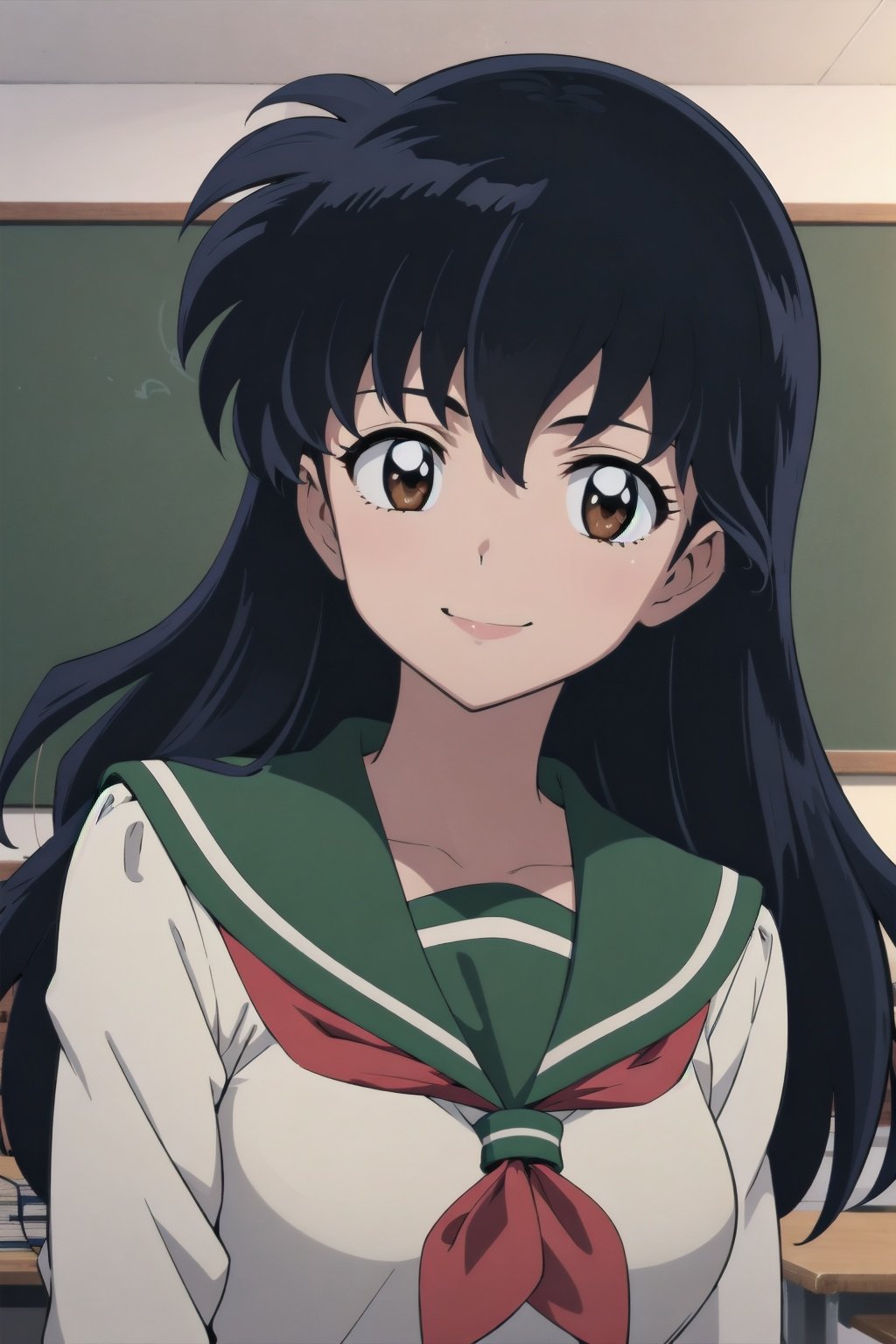 best quality, masterpiece, close-up, portrait, 1girl, higurashi kagome, black hair, brown eyes, long hair, medium breasts, serafuku, sailor collar, indoors, classroom, looking at viewer ,smile<lora:Kizuki - Inuyasha - Higurashi Kagome:0.9>