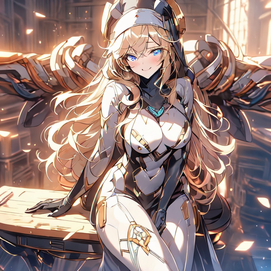 1 girl, Nun hat, long bread blond hair, blue eyes, smile, white ligerie, black armor gloves, white panty, church room, outside, white armor boot, lie down on table, 8k, high res, , 2 hands, bare leg, bare, nun garb, chest, big chest, big breast, 